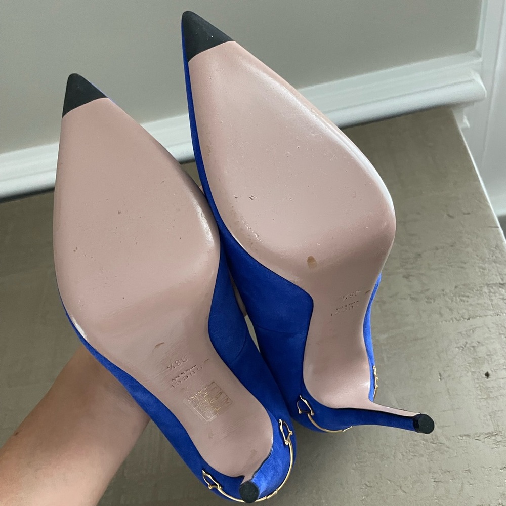 💙 Gucci Blue Suede Pointed Toe Pumps Size 38.5 - Picture 12 of 16